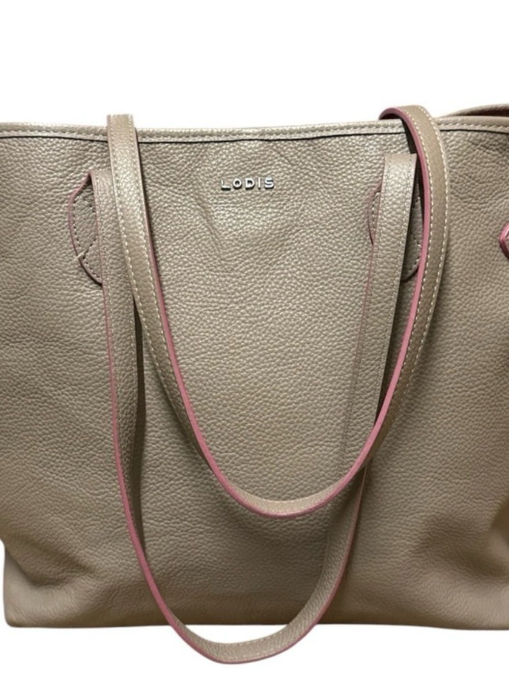 Lodis Pebbled Taupe Tote with Pink Trim